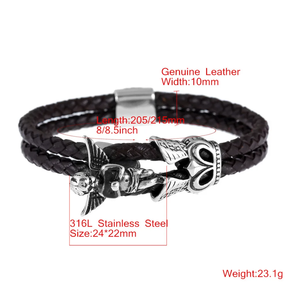 Genuine Leather Bracelet Men Angel Wings Stainless steel Bracelets | Украшения и аксессуары