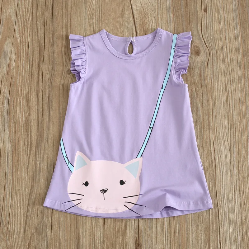 Summer children's wear wholesale girls cartoon big face cat backpack printed dress small flying sleeves cotton | Детская одежда и