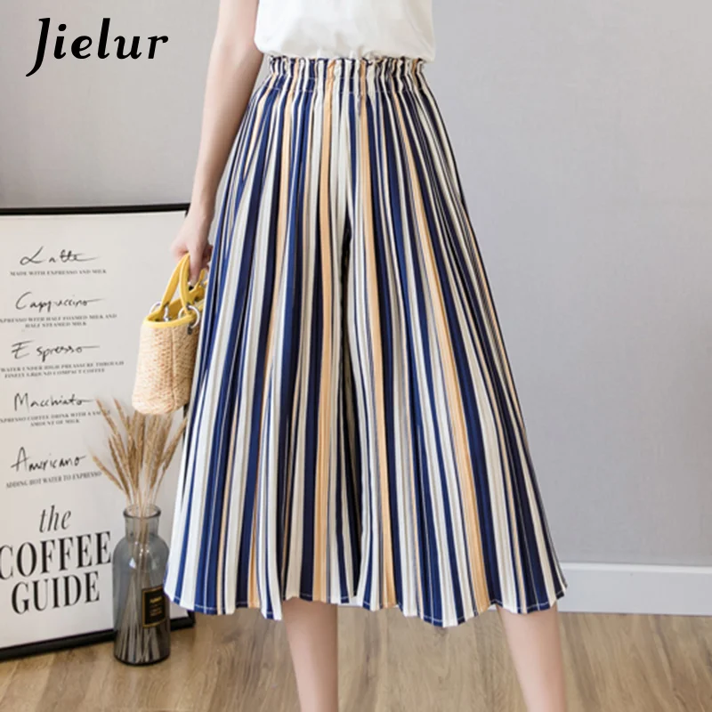 Blue White Striped Jielur модные плиссированные шифоновые брюки женские летнее в горошек Цветочные полосатые широкие брюки женские свободные Женские панталоны - Цвет: Blue White Striped