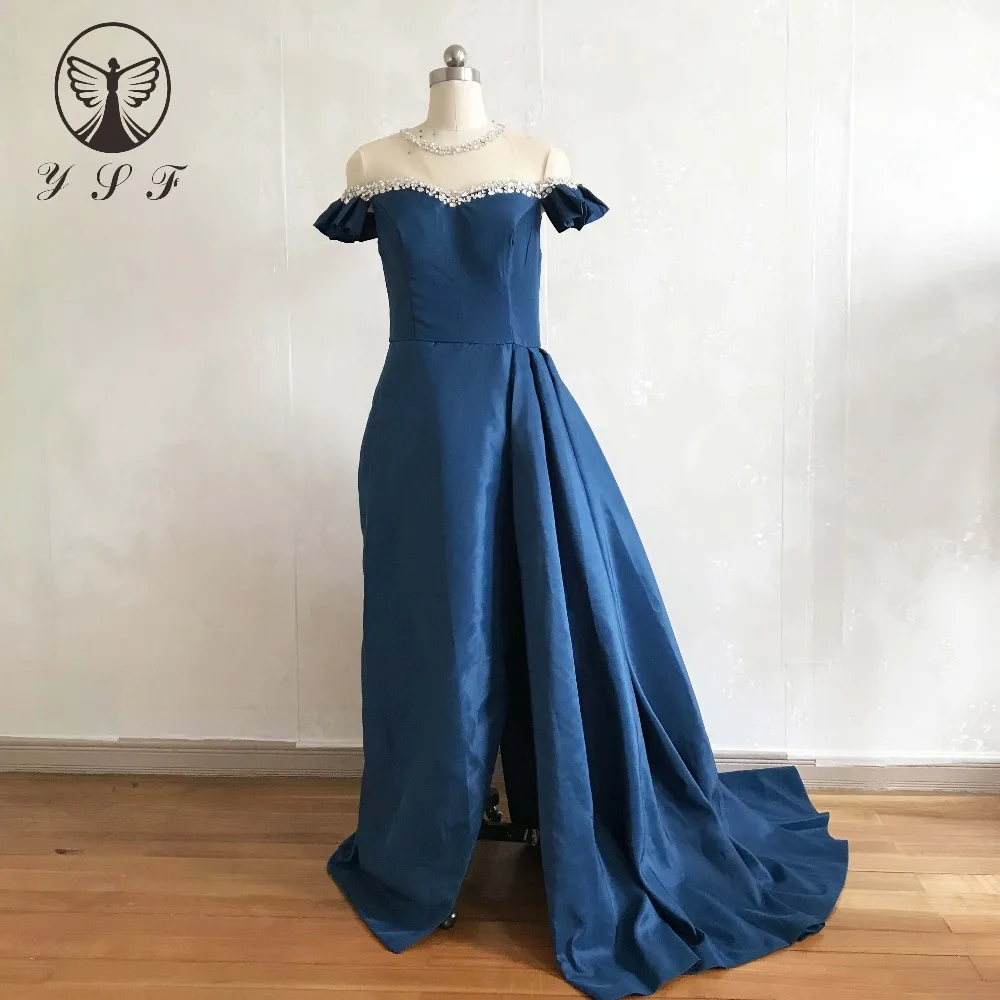 

2018 Designer Vestidos De Fiesta O Neck Beaded Crystals Short Sleeve Mermaid Evening Dresses with Overskirt