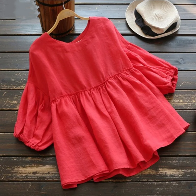 Женская винтажная Блузка с оборками плиссированная блузка из хлопка и льна