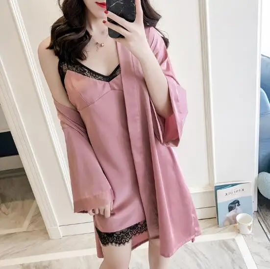 

2019 New silk satin kimono sleepwear sexy v-neck bathrobe women long sleeve spring autumn robe set two pieces nightwear gowns