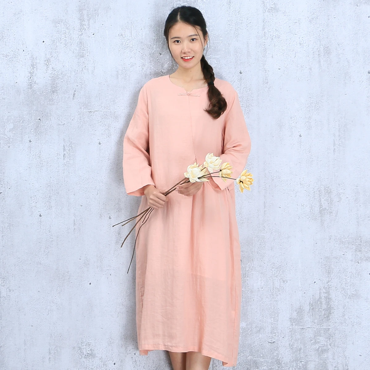 Johnature Women Maxi Dress Vintage 2019 Autumn New Casual Linen Nine Sleeve Button Patchwork Loose Clothes O-Neck Dresses | Женская