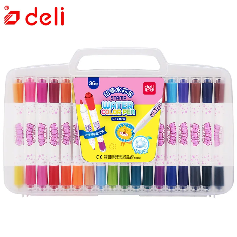 36pcs pink color box Deli 24/36 краски акварелью набор моющиеся дети печать Рисование Живопись граффити Канцтовары ручка цвета воды студентов - Цвет: 36pcs pink color box