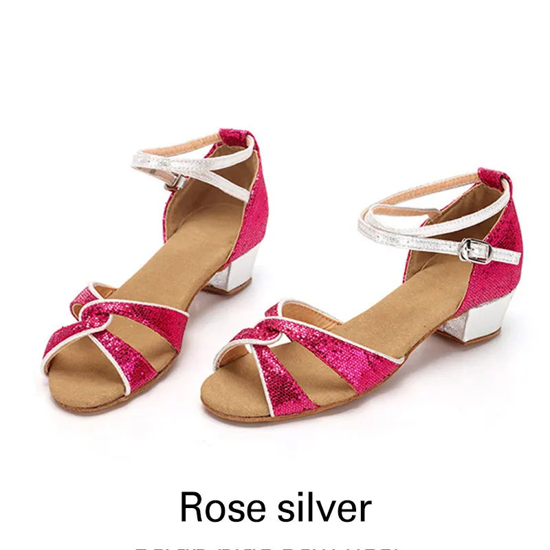 Rose silver Новинка; детская обувь для латинских танцев; качественная обувь для бальных танцев для женщин; детская обувь для девочек на низком каблуке; обувь для латинских танцев; женская обувь для сальсы - Цвет: Rose silver