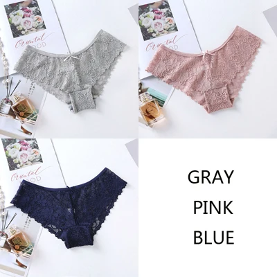 gray pink blue JERRINUT 3 шт. кружевные прозрачные трусики женские сексуальные трусики брифы высокое качество хлопок низкая талия Бесшовные трусики нижнее белье для женщин - Цвет: gray pink blue