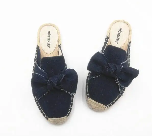 navy blue Удобные шлепанцы без застежки с бантиком и закрытым носком; женские летние шлепанцы; темно-синие/светло-голубые джинсовые Вьетнамки; дышащая обувь; babouche - Цвет: navy blue