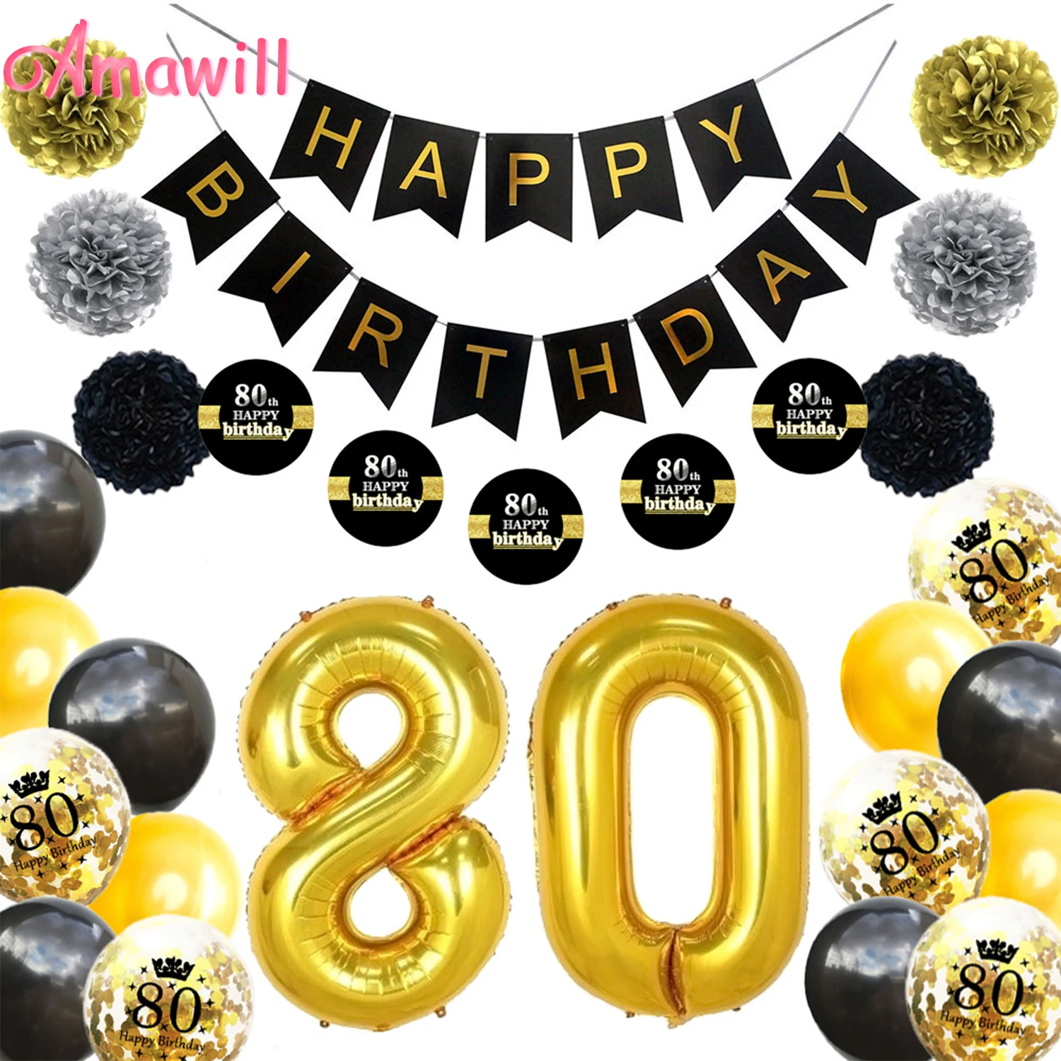 Amawill 80th день рождения комплект украшений для вечеринки черный с днем рождения баннер бумага цветок наклейки Золото 80 лет вечерние принадлежности 7D