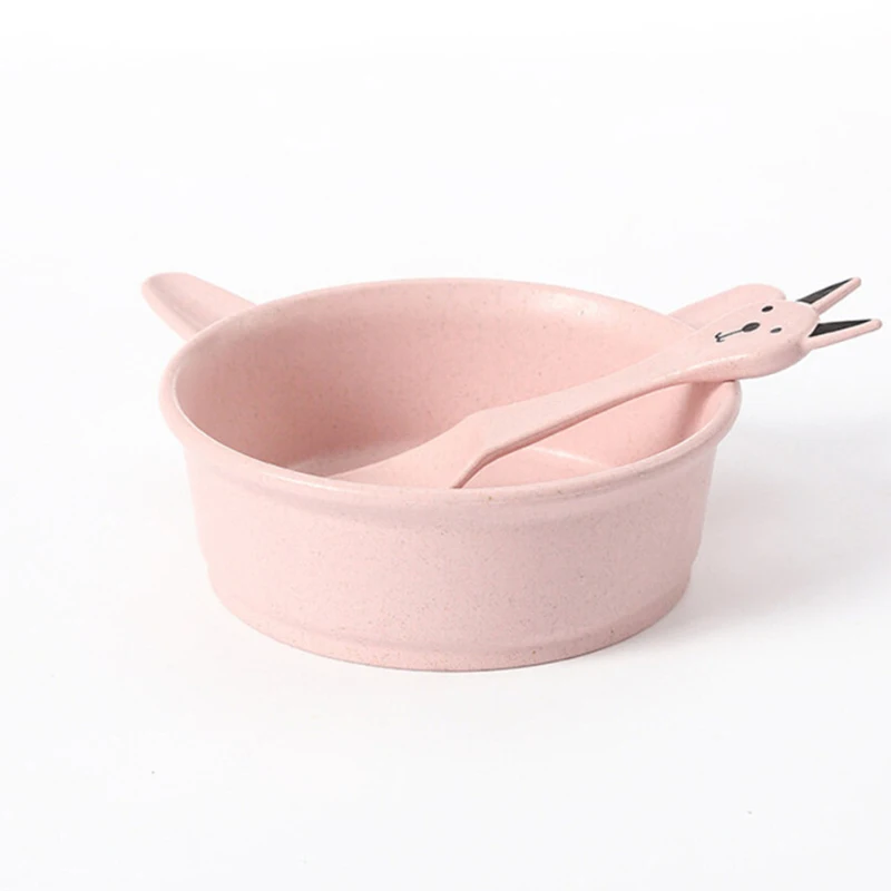 Lovely Children Tableware Set Big Ears Rabbit Shape Bowl+Fun Pattern Spoon Wheat Straw Material Kids Resistance Feeding Bowl