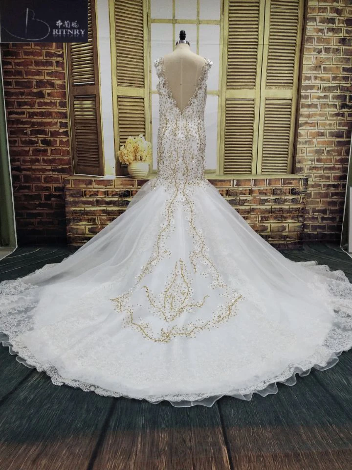 BRITNRY Real Photos Luxury Wedding Dress V Neck Ivory Lace With Gold Beading Mermaid Wedding Dresses Custom Made Plus Size