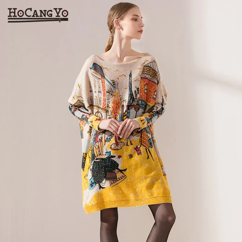Осенняя модная женская одежда HCYO длинные свитера с воротником-лодочкой и рукавом