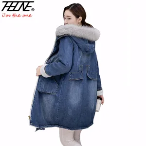 Куртка женская джинсовая с карманами, брендовая длинная парка из искусственного меха, утепленное флисовое бархатное пальто с капюшоном, верхняя одежда из денима