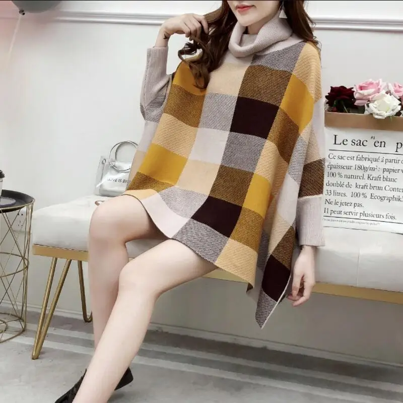 Новая свободная клетчатая шаль пончо летучая мышь свитер |