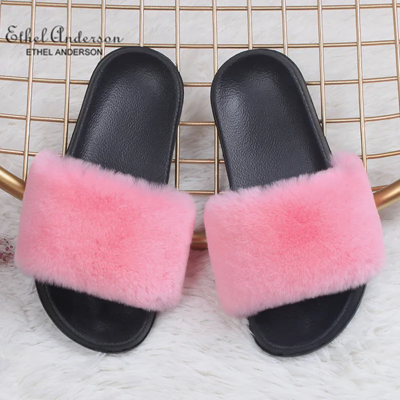 Discount Fur Slides ETHEL ANDERSON/меховые тапочки; женские шлепанцы из натурального Лисьего меха; меховые сандалии на плоской подошве; Женская милая пушистая обувь - Цвет: Discount Fur Slides