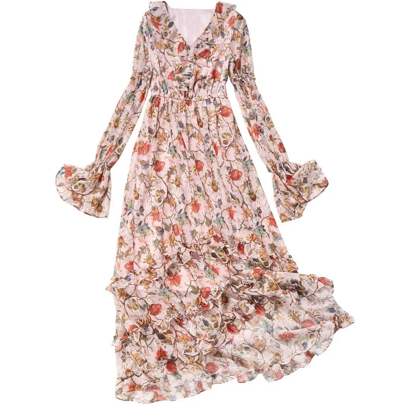 Женское винтажное шифоновое платье макси элегантное вечернее с цветочным