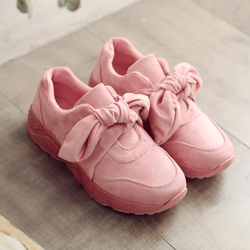 Женские кроссовки DAOKFPO Весенняя повседневная обувь из флока и сатина с бантом на
