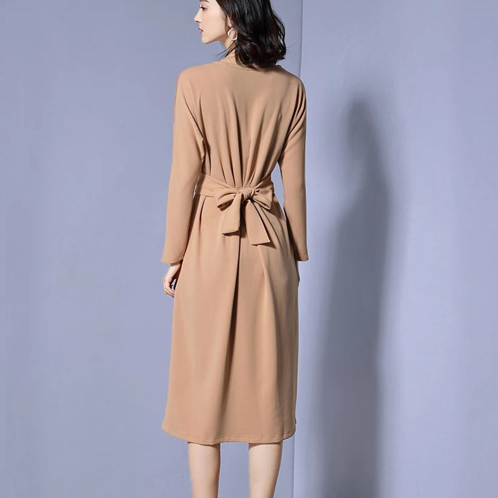 Женское Хлопковое платье с круглым вырезом длинным рукавом и разрезом|Женские