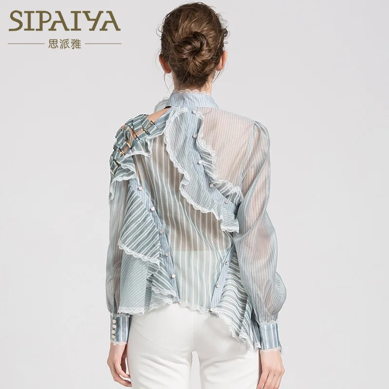 Модная рубашка для девочек 2018 весна осень зеленые полосы перспективная органза