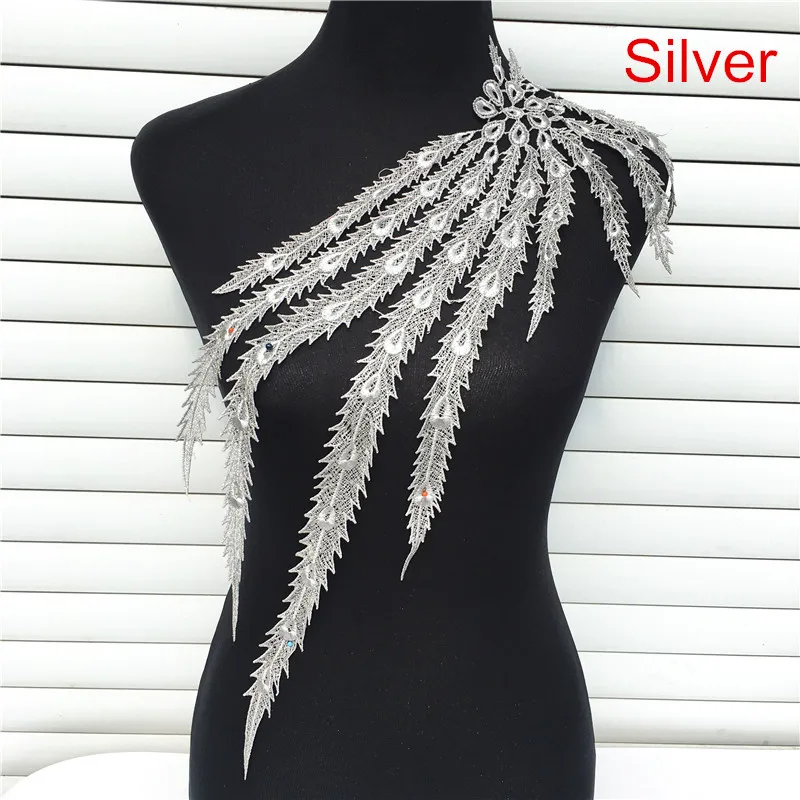 Silver 1pc 1 шт. 57*22 см вышитые венецианские кружевные ткани для шитья воротника аппликация Феникс/перо павлина Diy аксессуары для платья - Цвет: Silver 1pc