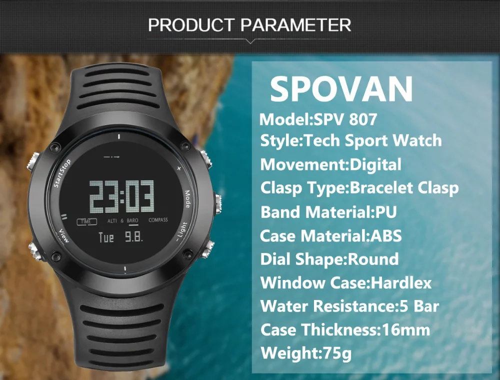 Spovan Professional термометр альтиметр Барометр компасы открытый часы цифровой Спорт Рыбалка High Tech восхождение часы