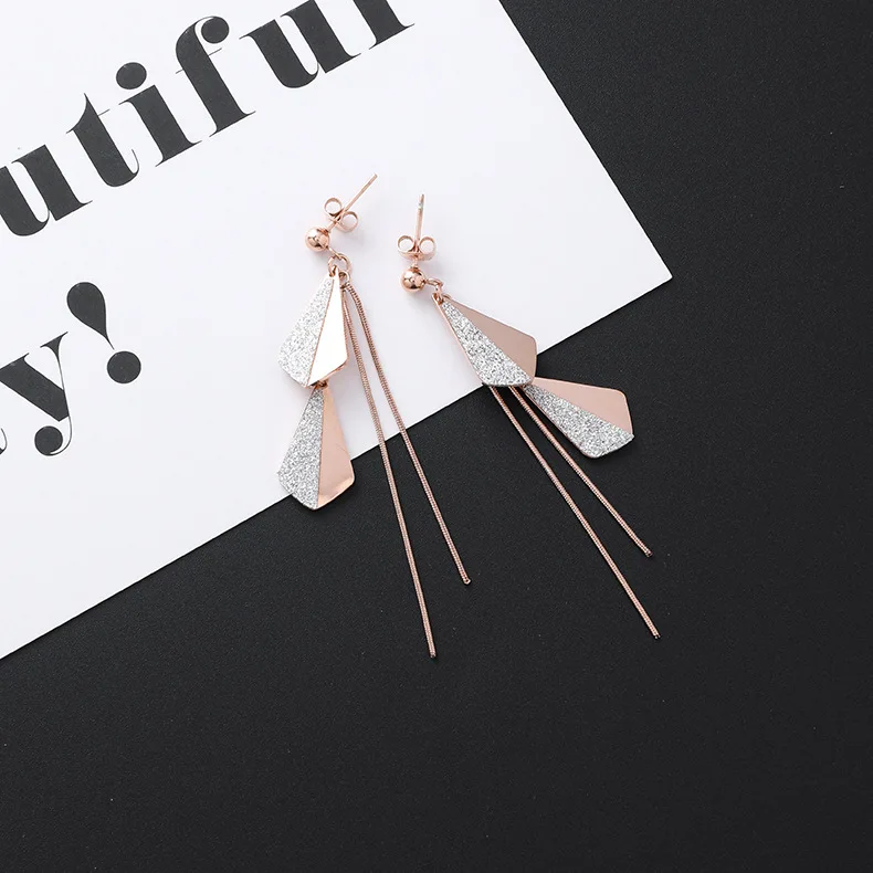 New Listing Geometric Titanium Steel long Tassel Girl Earrings gold Stainless Steel Triangle leaf Girl Black Jewelry Earrings 1