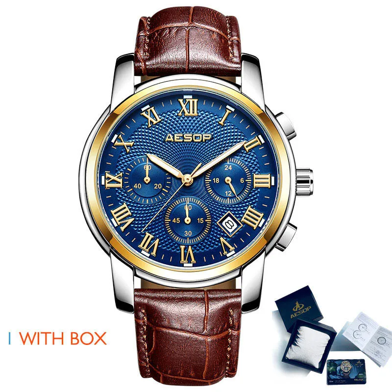 Gold blue L Box Aesop, мужские часы, Роскошные, мужские наручные часы, спортивные, нержавеющая сталь, ремешок, мужские часы, наручные часы, Relogio Masculino - Цвет: Gold blue L Box