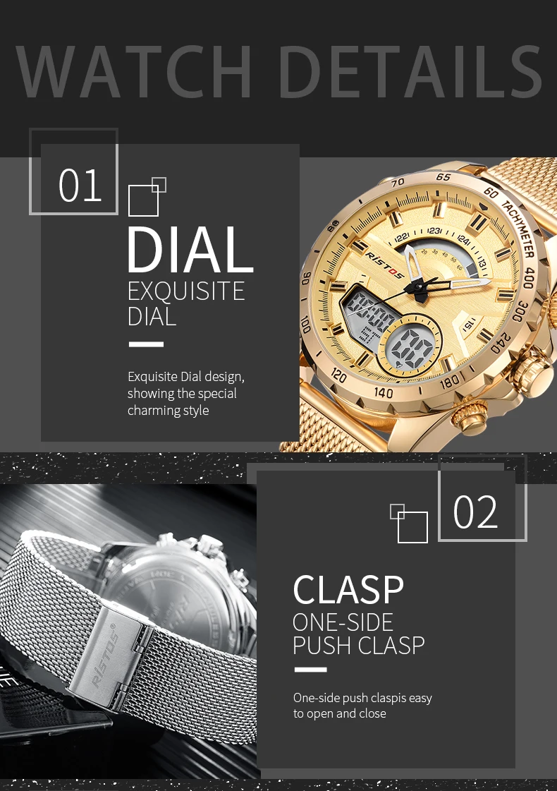RISTOS модные часы Relojes Masculino Hombre, многофункциональные мужские спортивные часы со стальным плетением, цифровые наручные часы с хронографом для мужчин 9361
