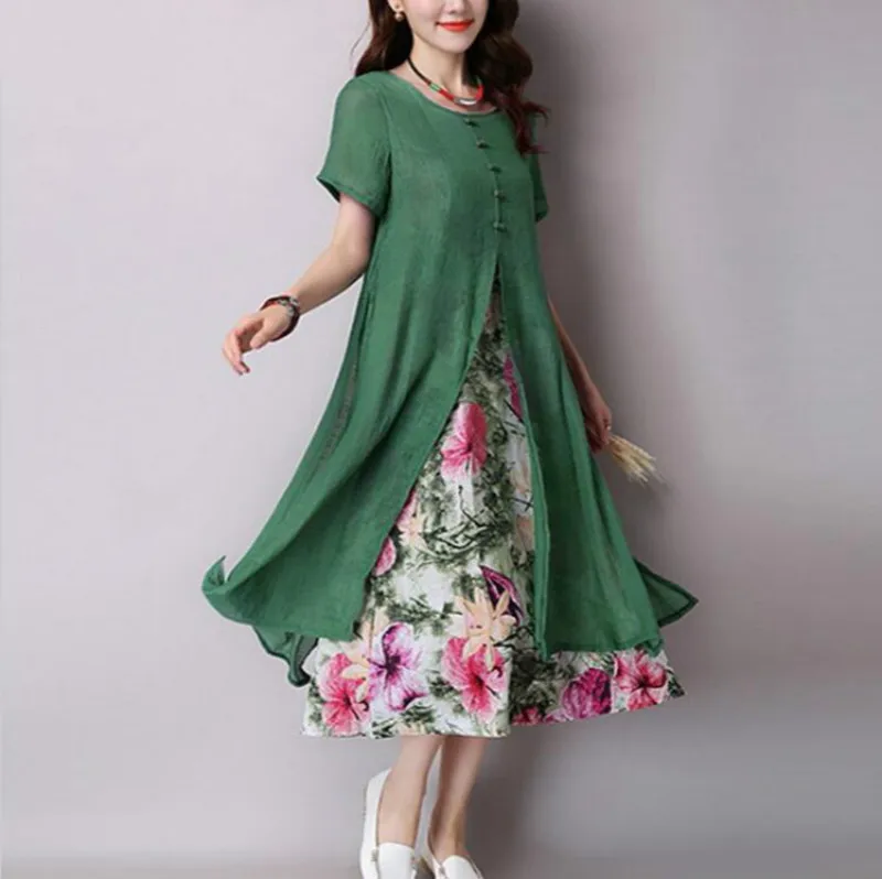 2017 винтажное женское платье с круглым вырезом и коротким рукавом Двухслойное