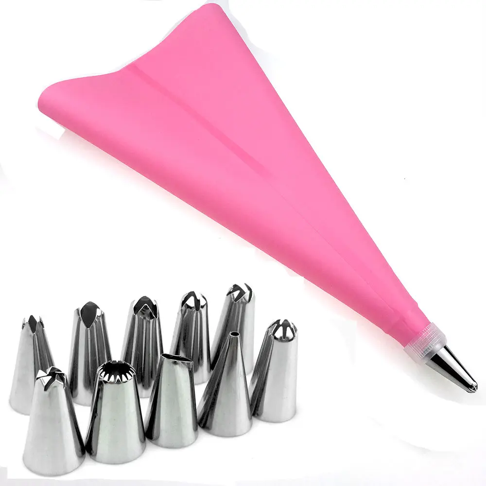 pink set 12 шт./компл. инструменты для украшения торта силикона глазировки Крем кондитерский мешок+ 68 Нержавеющая сталь насадка насадки-конвертеры для кондитерских насадок - Цвет: pink set