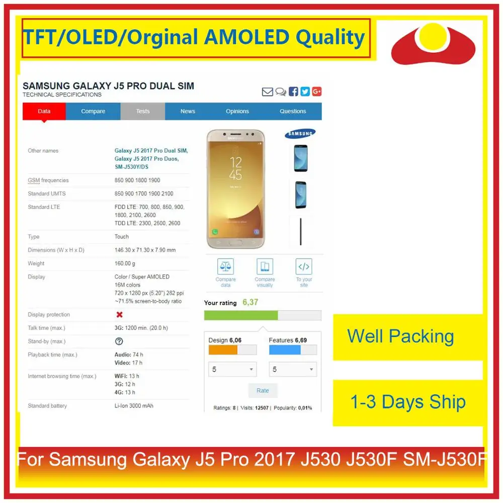 10 шт./лот для Samsung Galaxy J5 Pro 2017 J530 J530F искусственный ЖК дисплей с сенсорным экраном