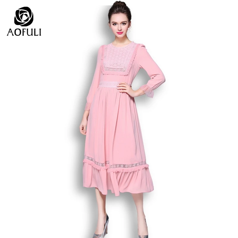 AOFULI M Xxxl 4xl 5xl В стиле принцессы в богемном Вечерние Платье Весна Розовый шифоновое