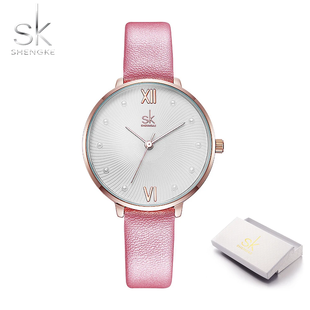 pink with box Shengke, повседневные, с жемчужным циферблатом, кварцевые женские часы, белая кожа, женские часы, Reloj Mujer,, женские, подарок на день, часы Zegarek Damski - Цвет: pink with box