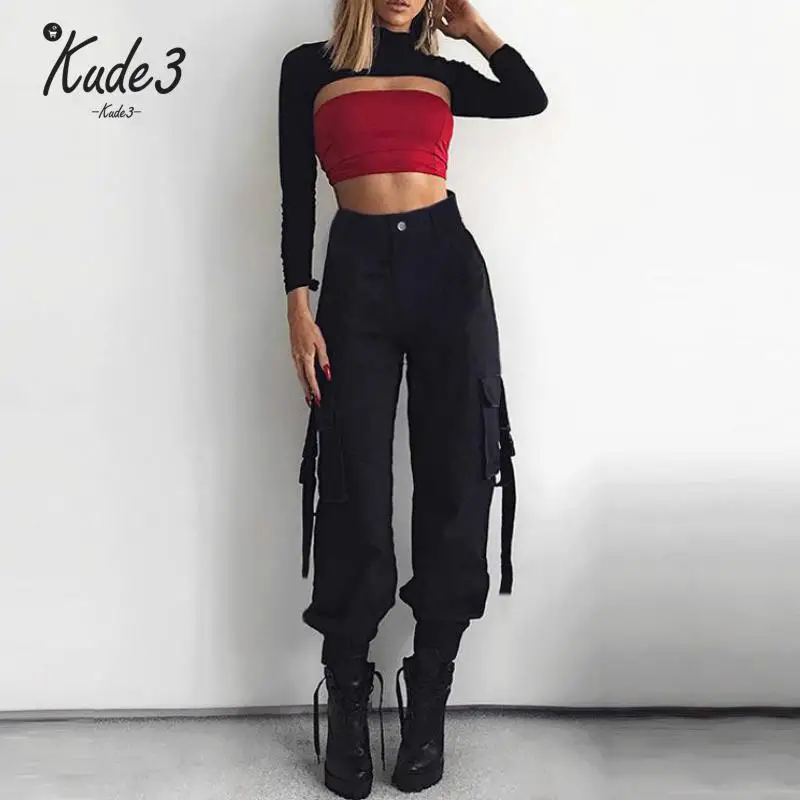 Черные женские брюки-карго с высокой талией лоскутные свободные уличные