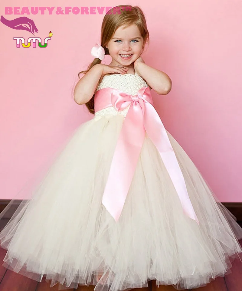 Handmade Lined crochet tank top hot pink sash ivory tutu girl dress for wedding |