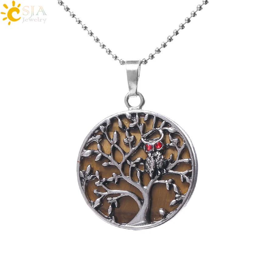 Tiger Eye Chain CSJA, ожерелья и подвески из натурального камня, древнее серебро, полое Дерево жизни, круглые плоские бусины, кулон для женщин и мужчин, ювелирные изделия F165 - Окраска металла: Tiger Eye Chain
