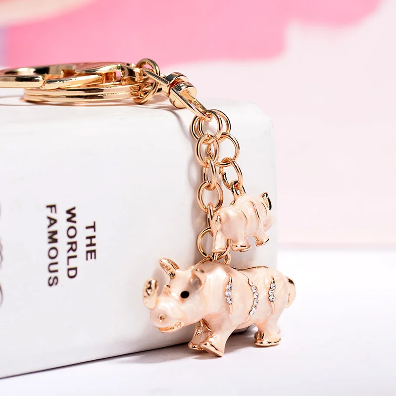 peach Кристалл Двойной носорог Новинка животное брелок Сумочка пряжка Сумочка Подвеска для автомобиля брелок держатель для женщин R45 - Цвет: peach