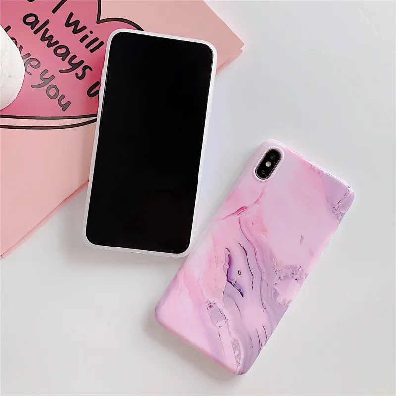 FLYKYLIN Purple Pink Marble Case For iphone 8 Plus 7 6 S 6S X XS Max XR Back Cover Glossy Soft IMD Silicon Phone Coque Cute Capa |