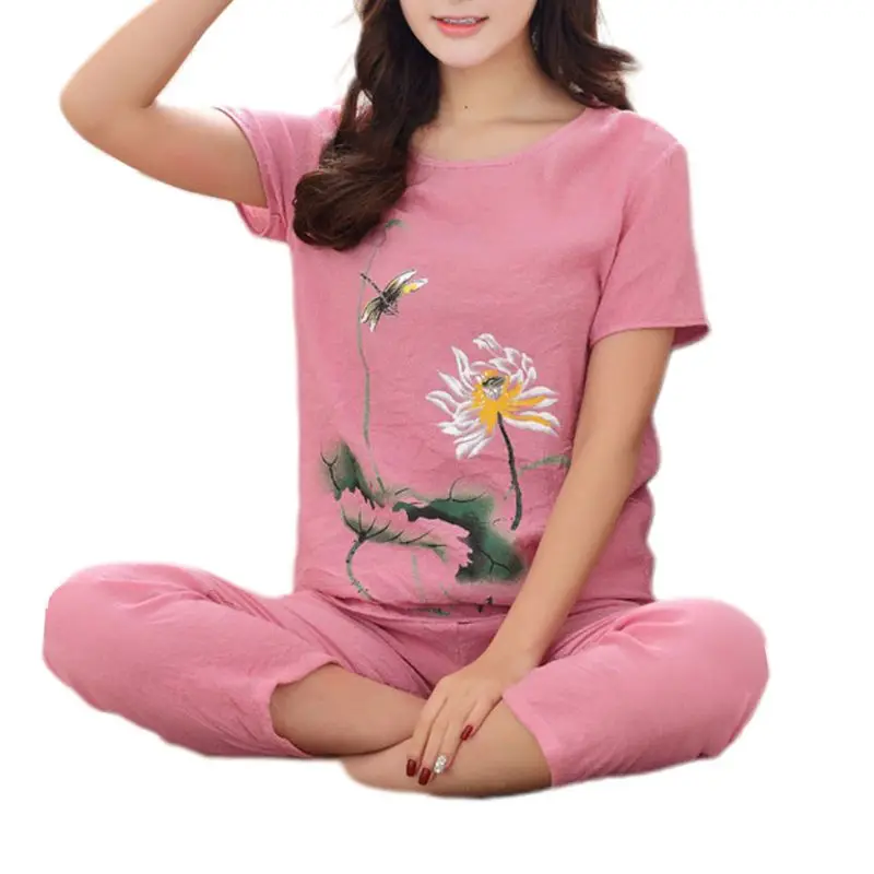 Женский летний пижамный комплект размера плюс китайский топ с коротким рукавом и