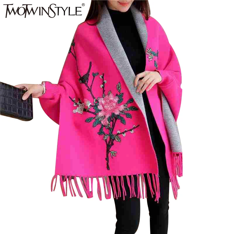 

TWOTWINSTYLE Embroidery Floral Tassel Trench Coats Women Cloak Long Sleeves Knitted Cardigan Sweater Windbreaker 2020 Winter New