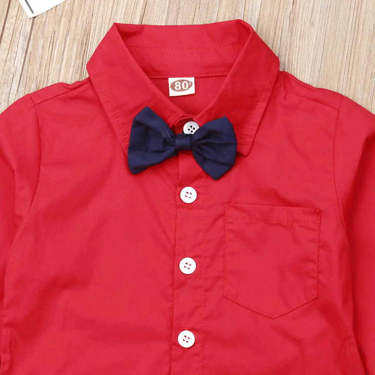 Handsome Kids Boy Suspender Outfit Gentleman Clothes 2 Piece Set Red Bowtie Long Sleeve Shirts +Blue Bib Shorts | Детская одежда и