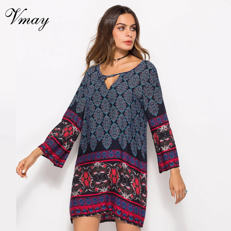 Vmay Для женщин Винтаж Boho Стиль Мини платья Новое поступление запястья рукава v