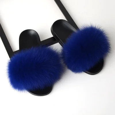 fox fur slides Женские летние тапочки на плоской подошве; тапочки из натурального Лисьего меха; женские тапочки с толстым ворсом; нескользящие домашние тапочки; серебристая подошва - Цвет: fox fur slides