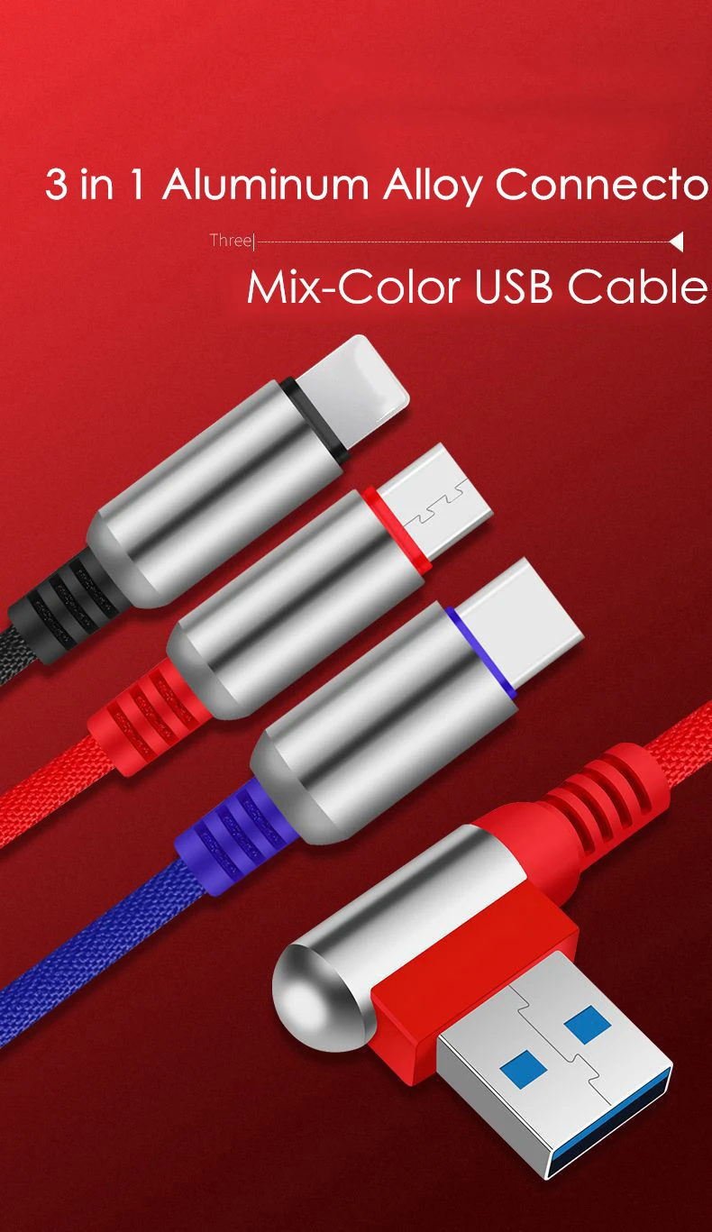 3 в 1 USB кабель из алюминиевого сплава 90 градусов Micro usb type C кабель для huawei Xiaomi Redmi usb-кабель для Samsung для iPhone XR XS MAX