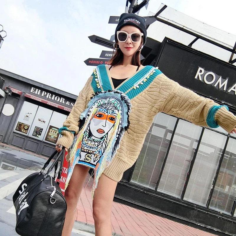 Thai Tide brand 2020 autumn and winter beaded tassel Indian face V-neck loose large size long thick women's sweater women | Женская