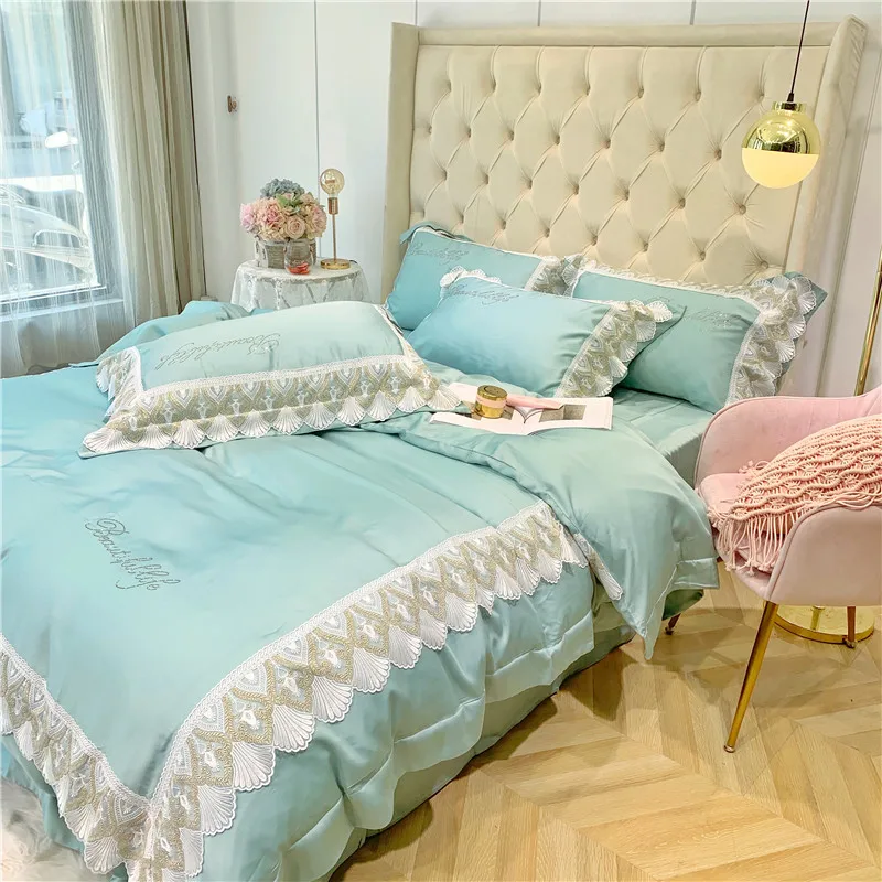 Luxury Green Pink Blue Gray 100S Tencel Silk Princess Girl Bedding Set Lace Queen King Size Duvet Cover Bed Sheet Pillowcases | Дом и сад
