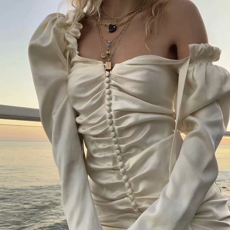 Женское атласное винтажное платье с длинным рукавом на шнуровке бантом