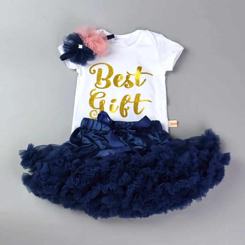 White Dark Blue b Детский хлопковый комбинезон для новорожденных девочек, комбинезон+ многослойная юбка-американка+ повязка на голову с цветочным рисунком, дизайн, 3 предмета, лучший подарок на день рождения - Цвет: White Dark Blue b