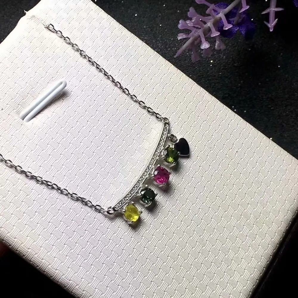 

Natural Multicolor tourmaline Necklace Natural gemstone Pendant Necklace S925 sliver delicate Row heart Girl party gift Jewelry