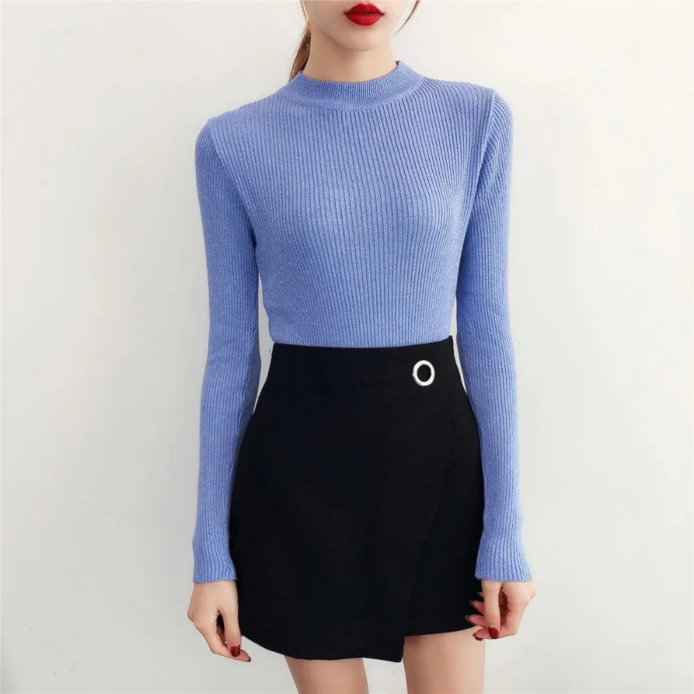 Bright Sewing Elegant Female Sweater 2020 Autumn/Winter Slim Half-high Collar Solid Women Pullover Long-sleeved High Quality | Женская