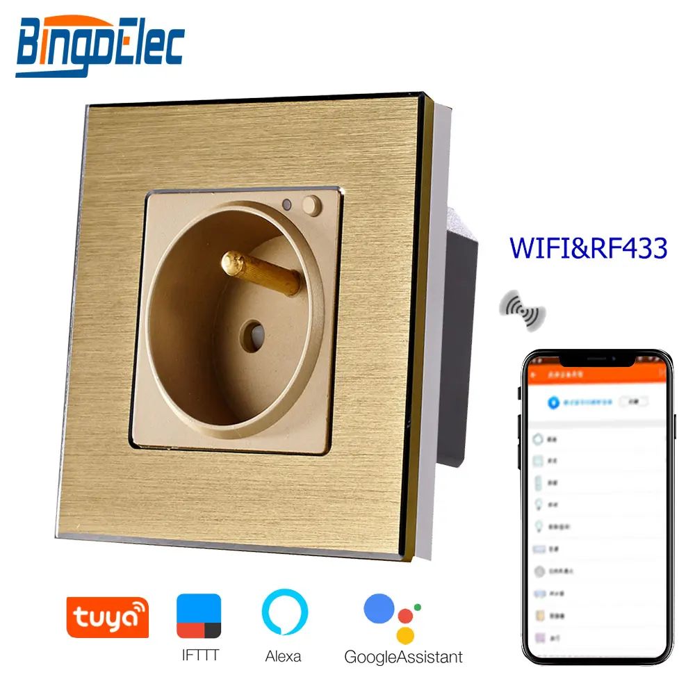 WIFI RF Gold Bingoelec wifi розетка стандарт ЕС Германия настенная розетка с RF 433 алюминиевая рама Беспроводное управление через приложение Tuya умная розетка - Тип: WIFI RF Gold